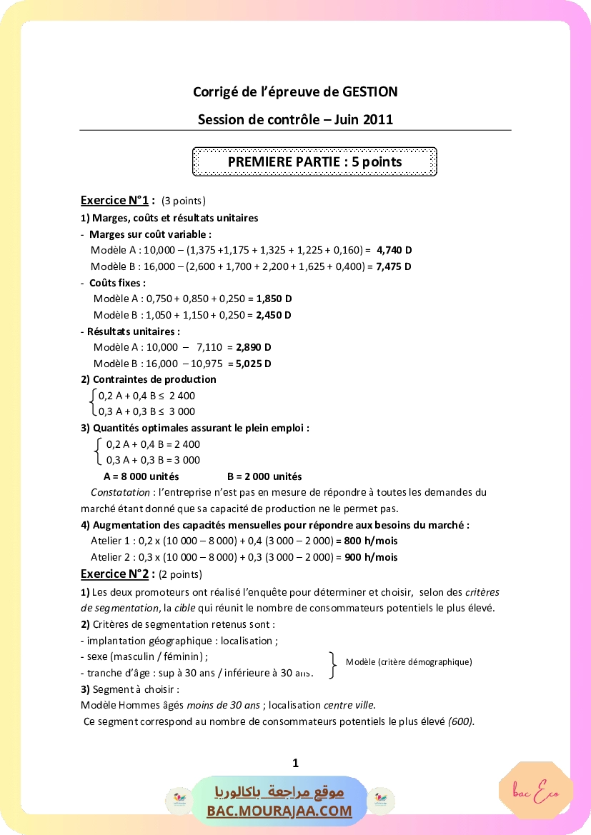 Corrigé controle gestion Bac 2011 – Section eco